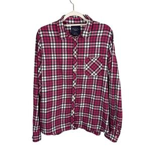 American Eagle Outfitters Pink and White Plaid Shirt Size XL Cozy Grunge